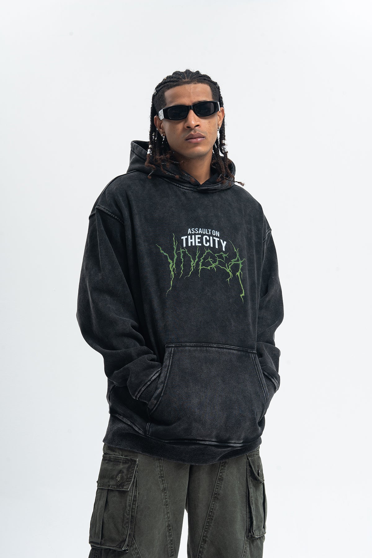 Thunder print hoodie cyberpunk pullover city slogan jumper in acid vintage grey