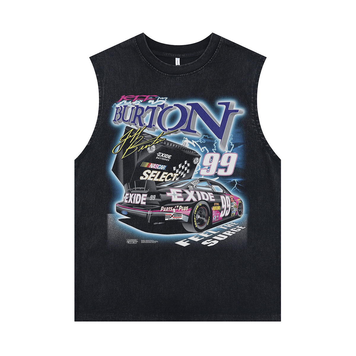 Y2K racing car sleeveless t-shirt 00s motorsports surfer vest sports print tank top in acid wash black
