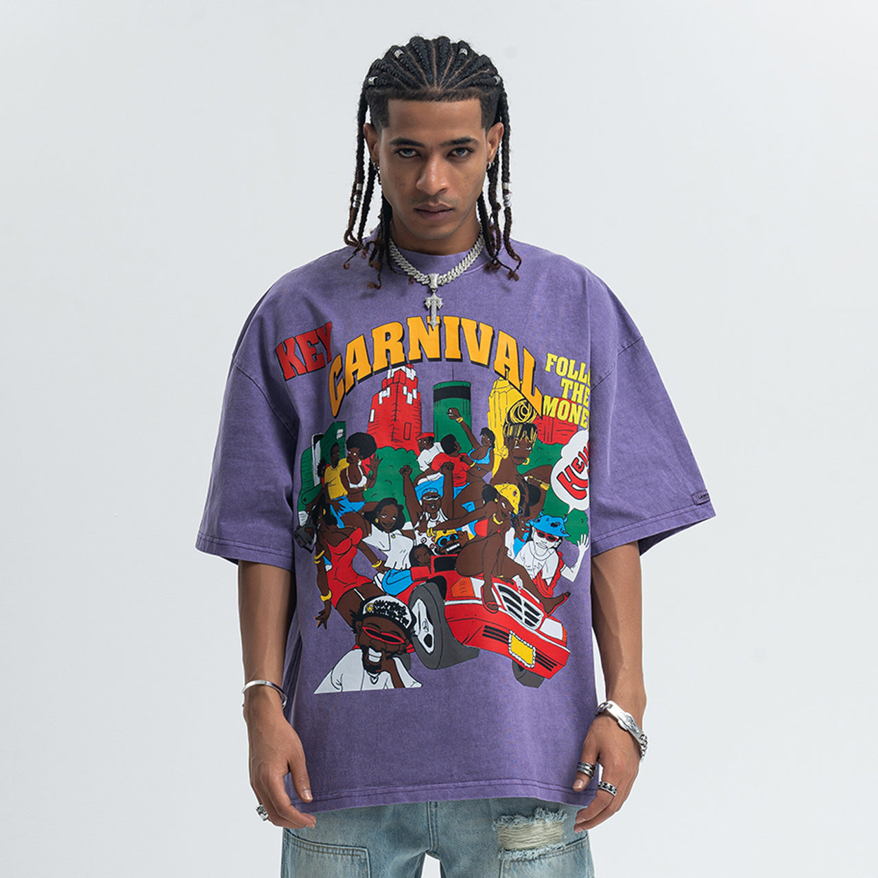 Carnival slogan t-shirt retro cartoon top 00s party tee in Purple