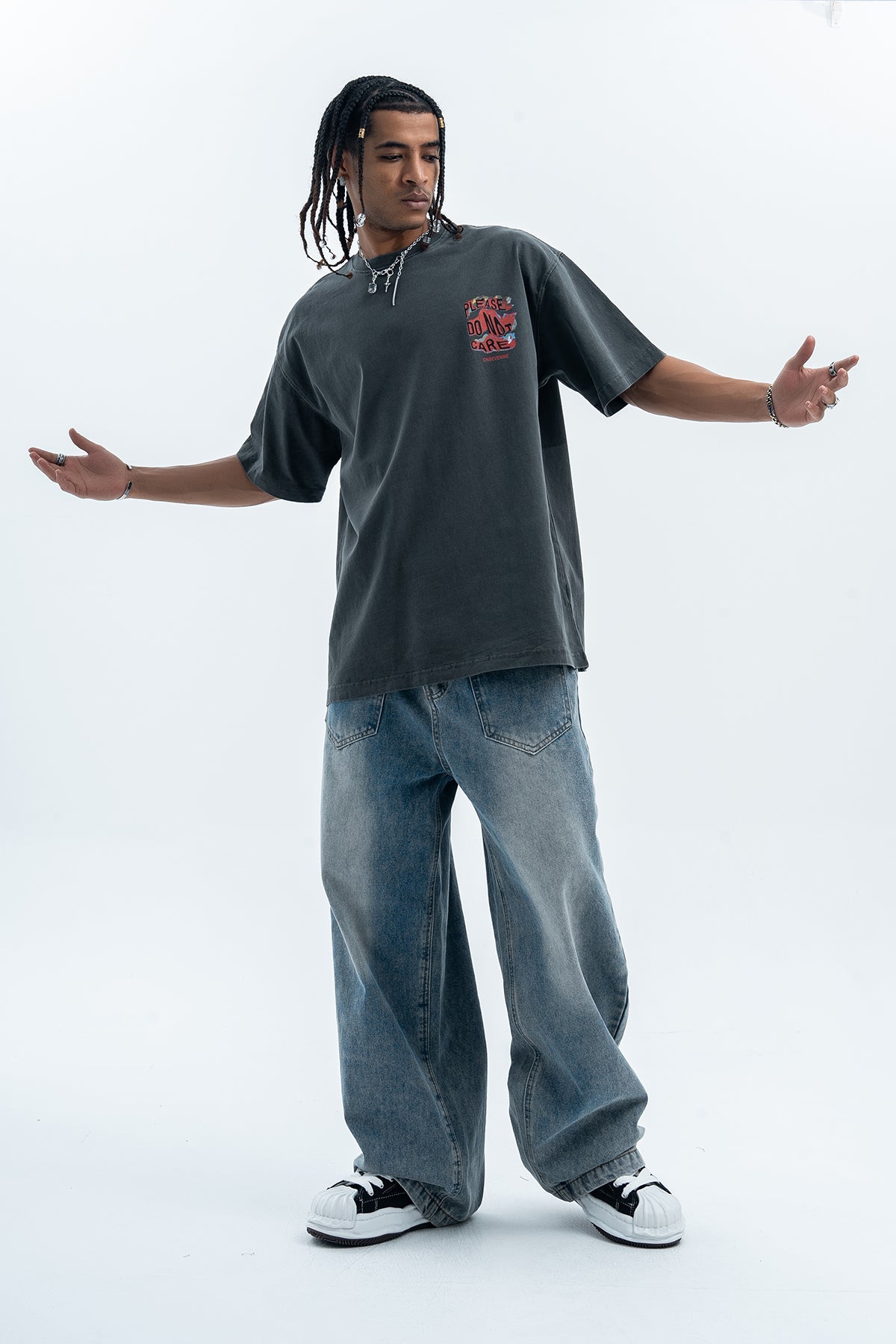 Psychedelic graffiti t-shirt dont care slogan top in grey