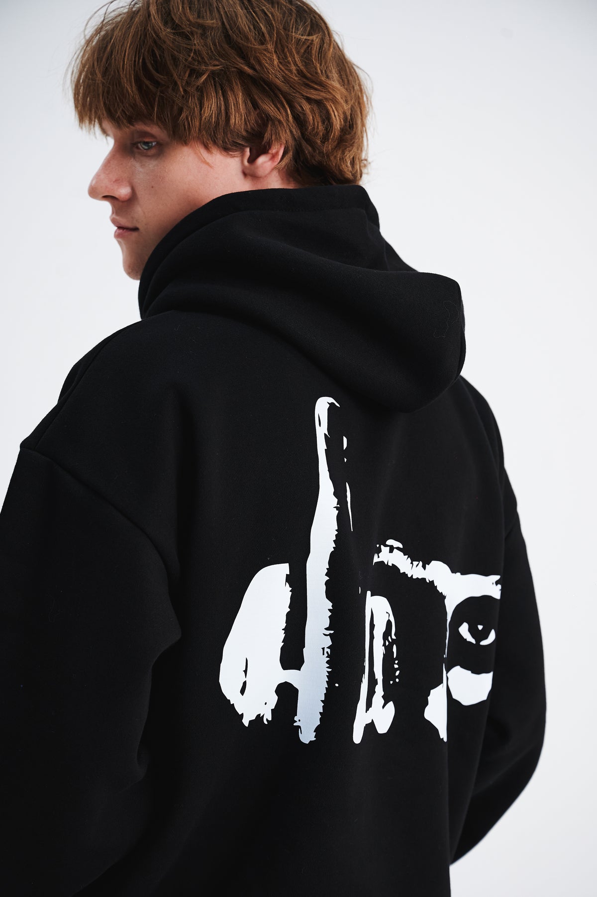 Middle finger print hoodie retro gunge jumper hip-hop pullover balaclava top in black