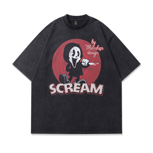 Scream t-shirt mask print tee retro funny cartoon top in vintage grey
