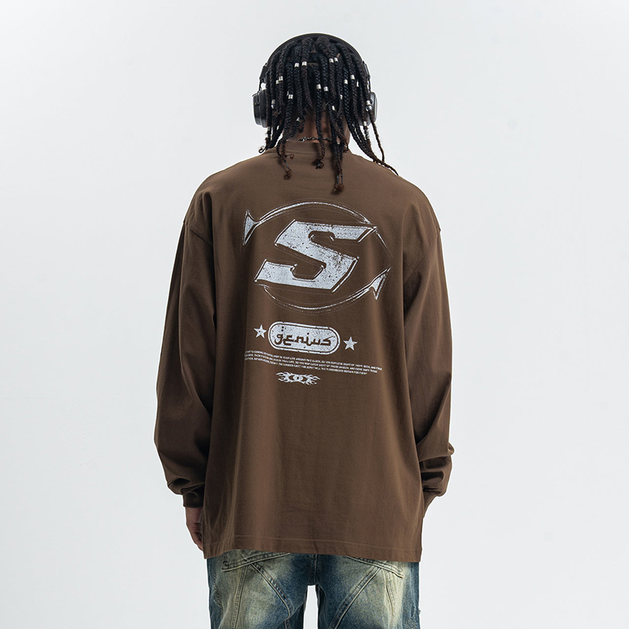 Genius slogan jumper 00s grunge long sleeve top skater t-shirt in brown