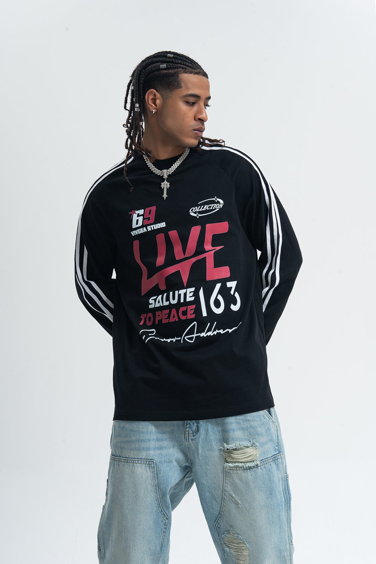 Peace slogan jumper long sleeve anti war top striped grunge t-shirt in black