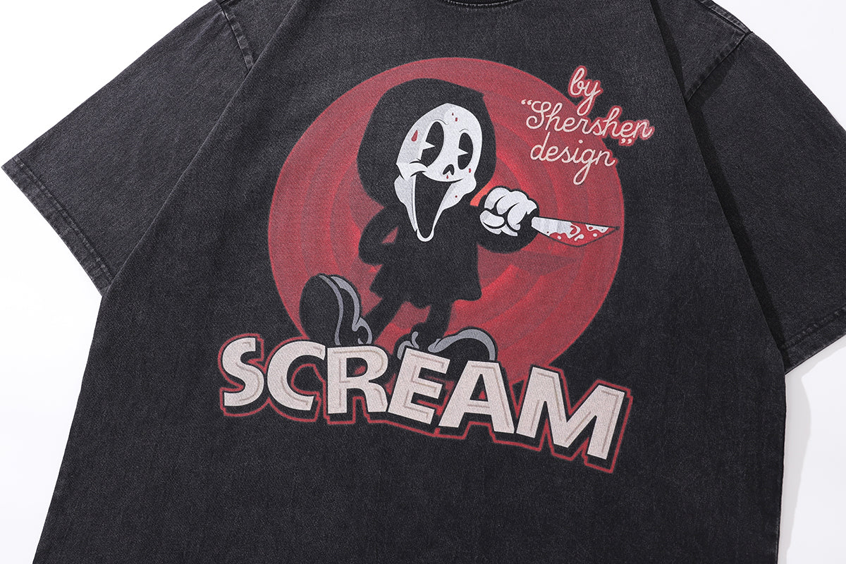 Scream t-shirt mask print tee retro funny cartoon top in vintage grey