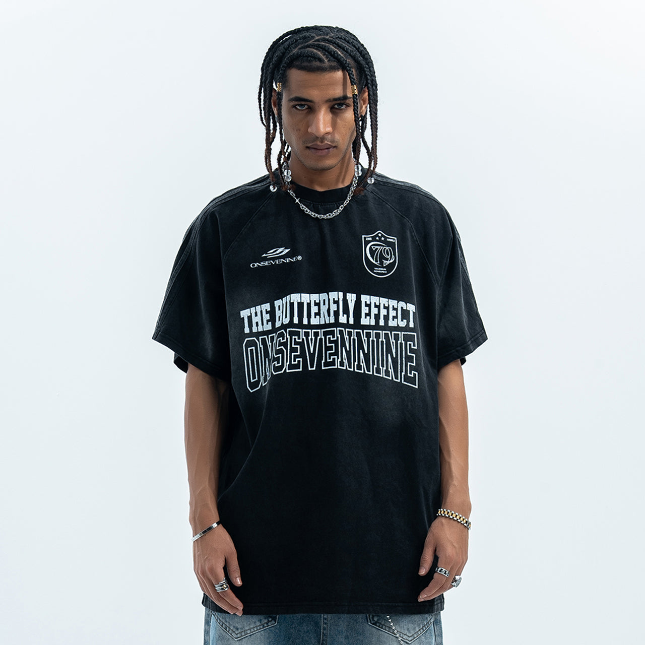 Butterfly effect t-shirt grunge slogan tee racing top in black