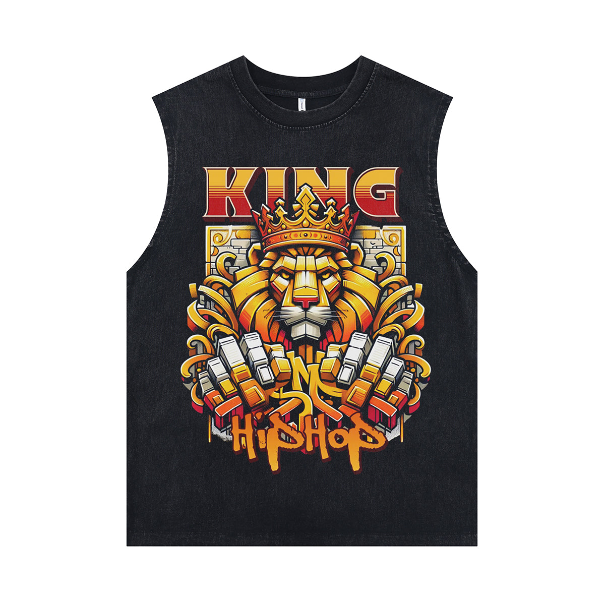 Hip-hop king sleeveless t-shirt retro lion print surfer vest gangster rapper tank top in acid wash black