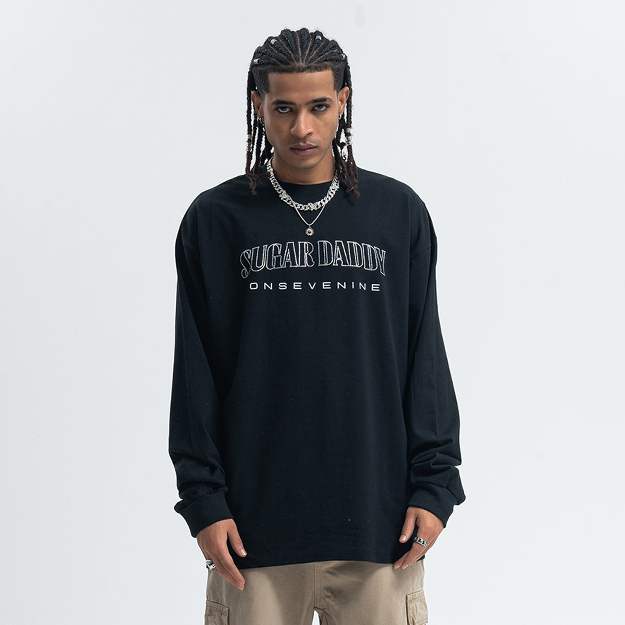 Sugar daddy slogan top long sleeve diamante jumper glitter slogan pullover in black