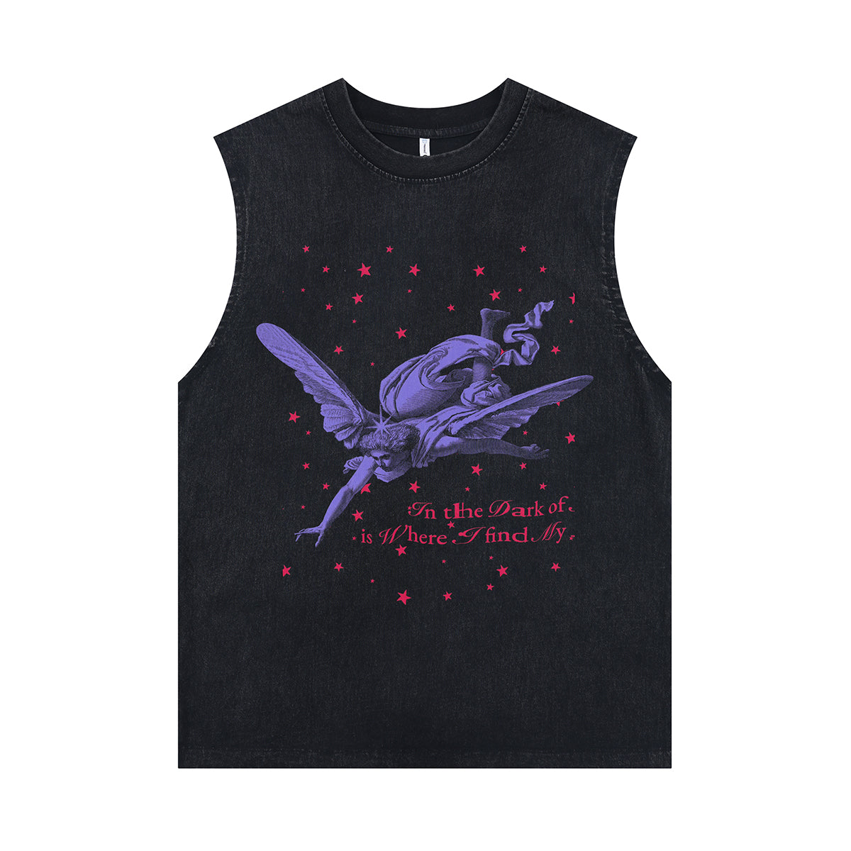 Angel cartoon sleeveless t-shirt grunge poster surfer vest 00s saint print tank top in acid wash black