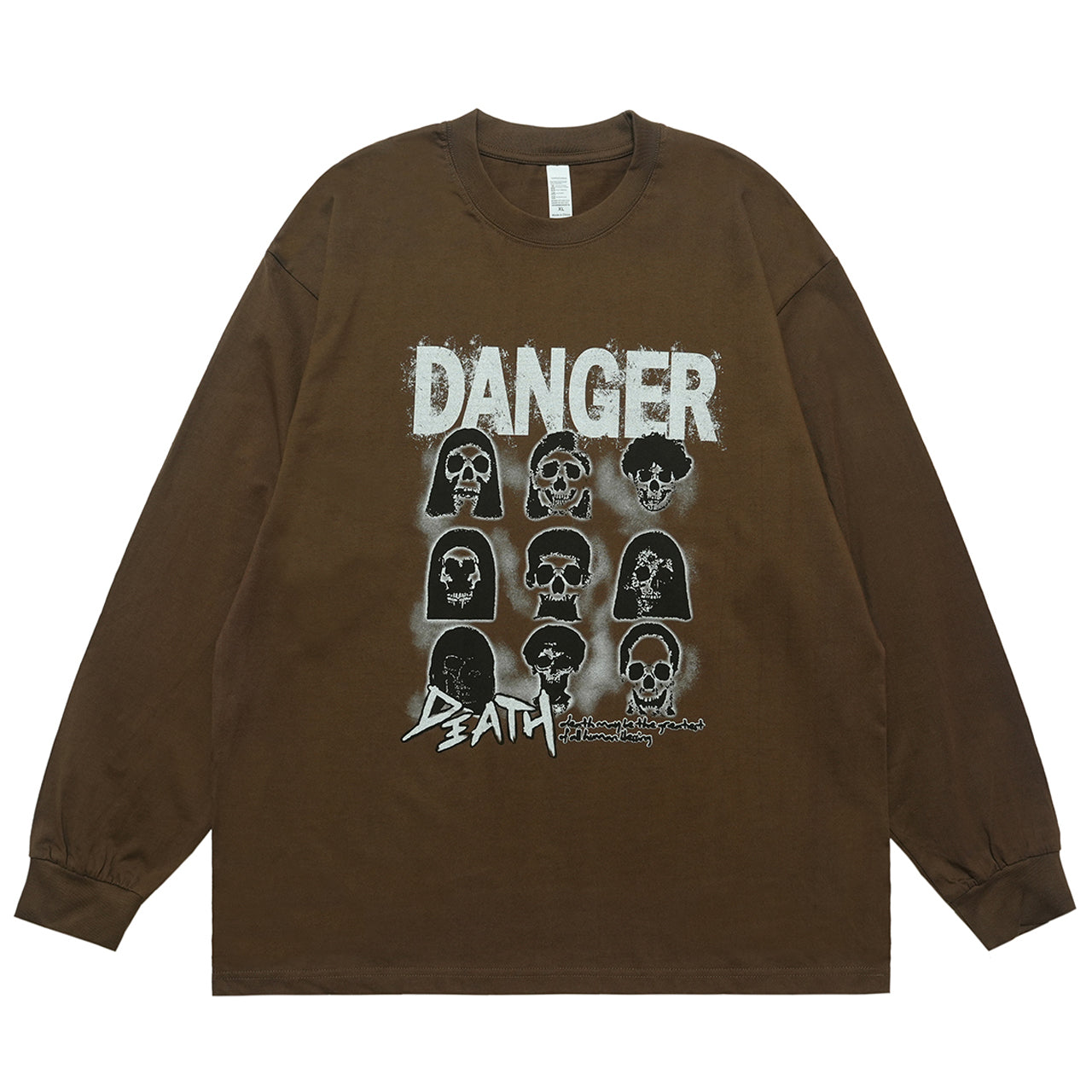 Danger slogan jumper skull print top 90s gothic poster long sleeve t-shirt in brown
