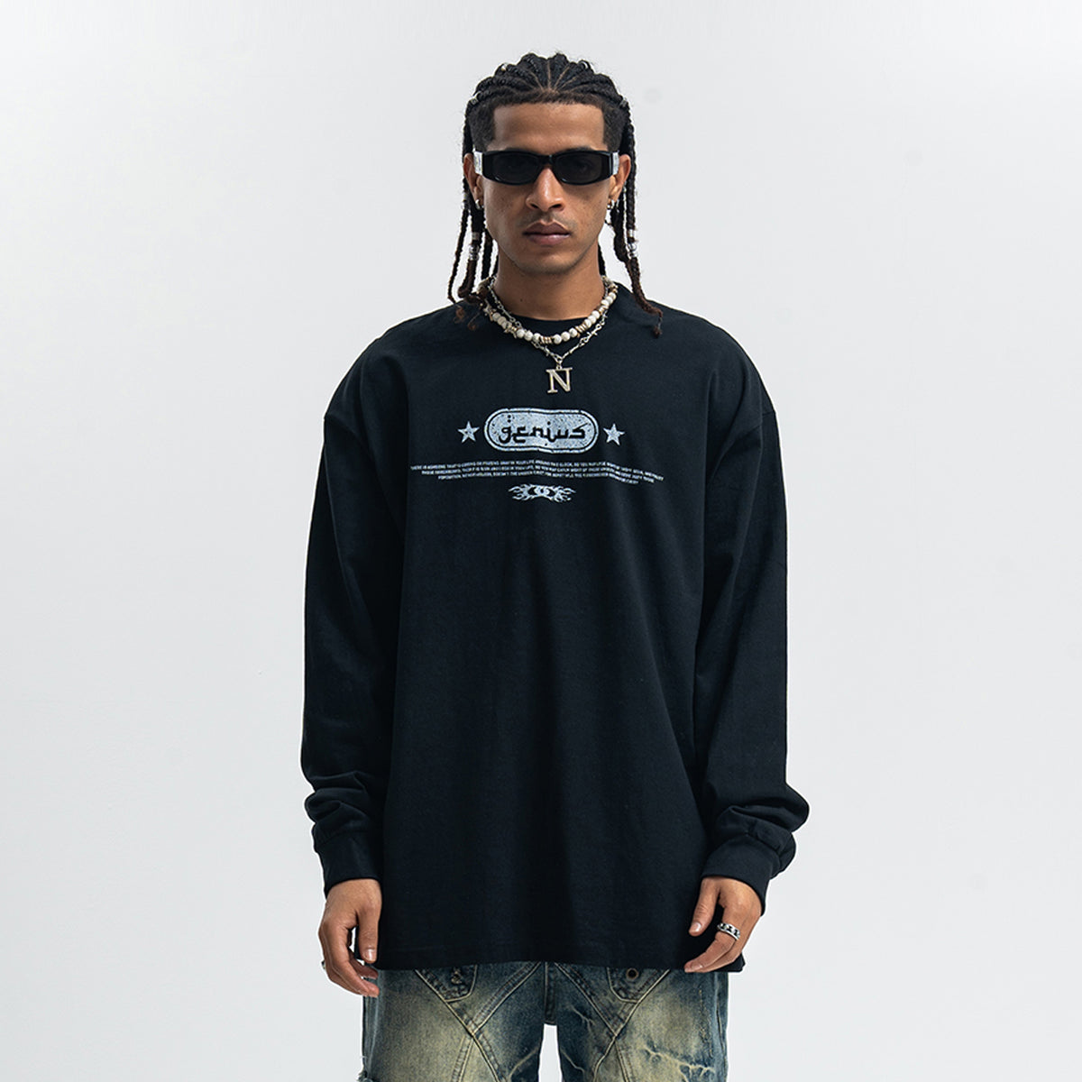 Genius slogan jumper 00s grunge long sleeve top skater t-shirt in black