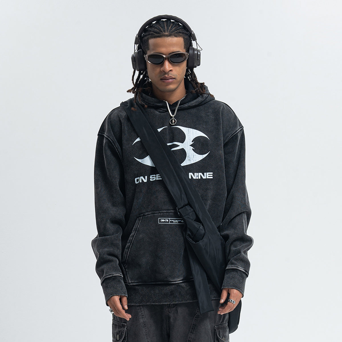 Cyberpunk hoodie tribal print pullover vintage wash raver jumper in acid grey