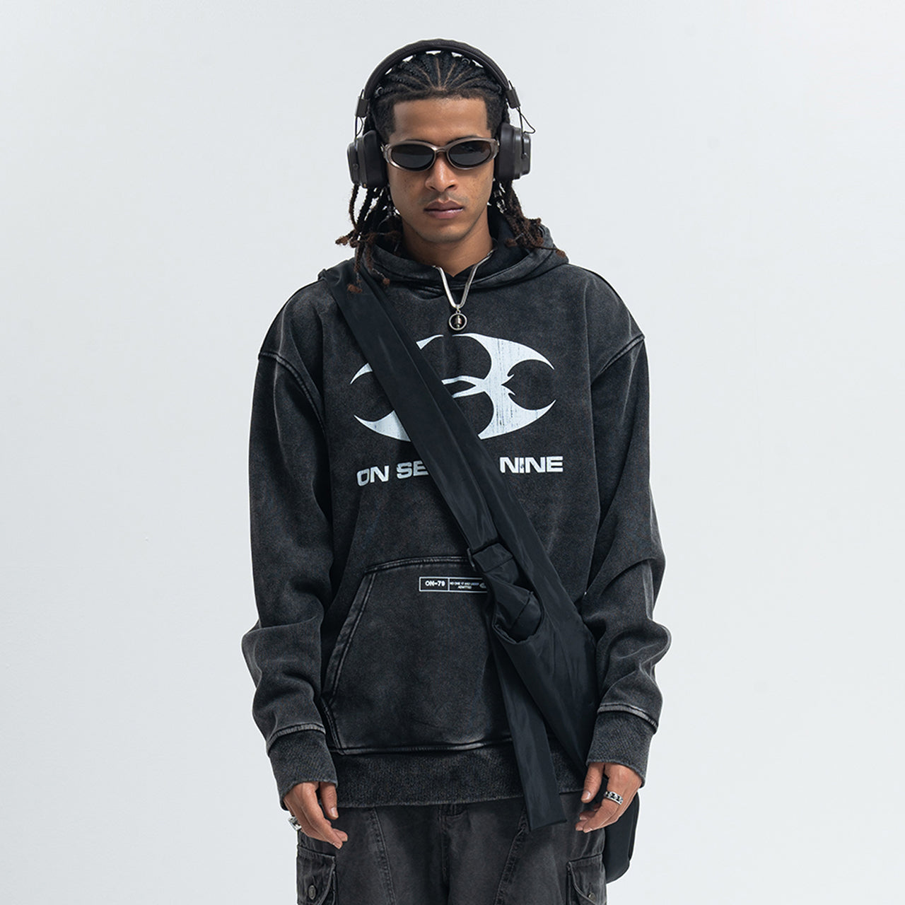 Cyberpunk hoodie tribal print pullover vintage wash raver jumper in acid grey