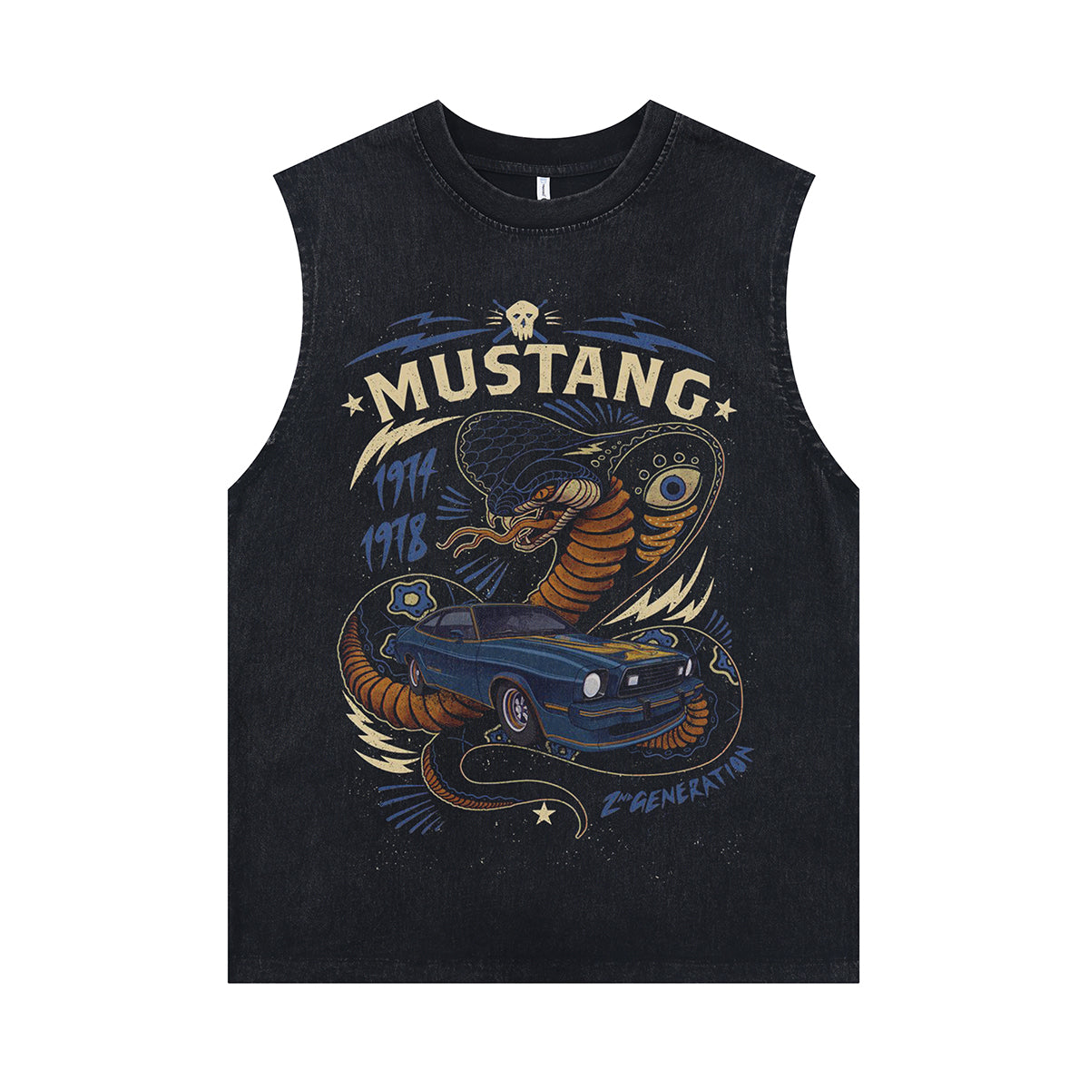 Mustang car sleeveless t-shirt cobra print surfer vest retro poster tank top in acid wash black