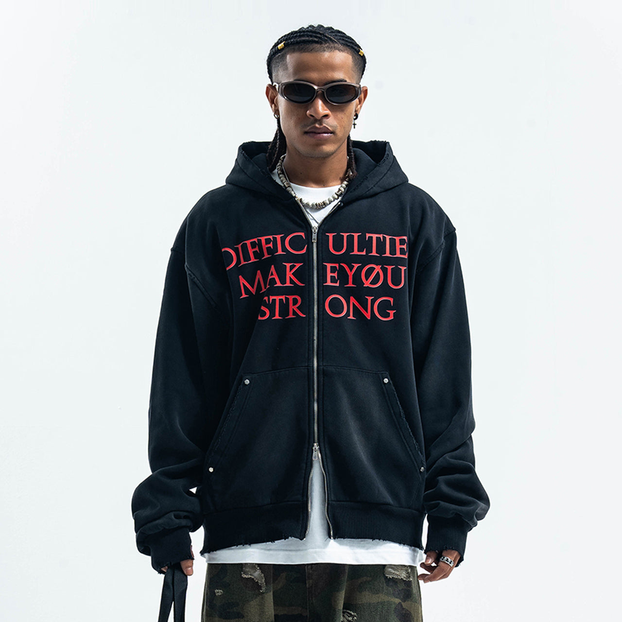 Motivational slogan hoodie grunge gorpcore pullover in black