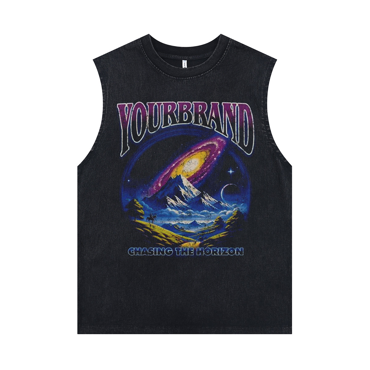 Landcape print sleeveless t-shirt retro psychedelic surfer vest 80s fantasy tank top in acid wash black
