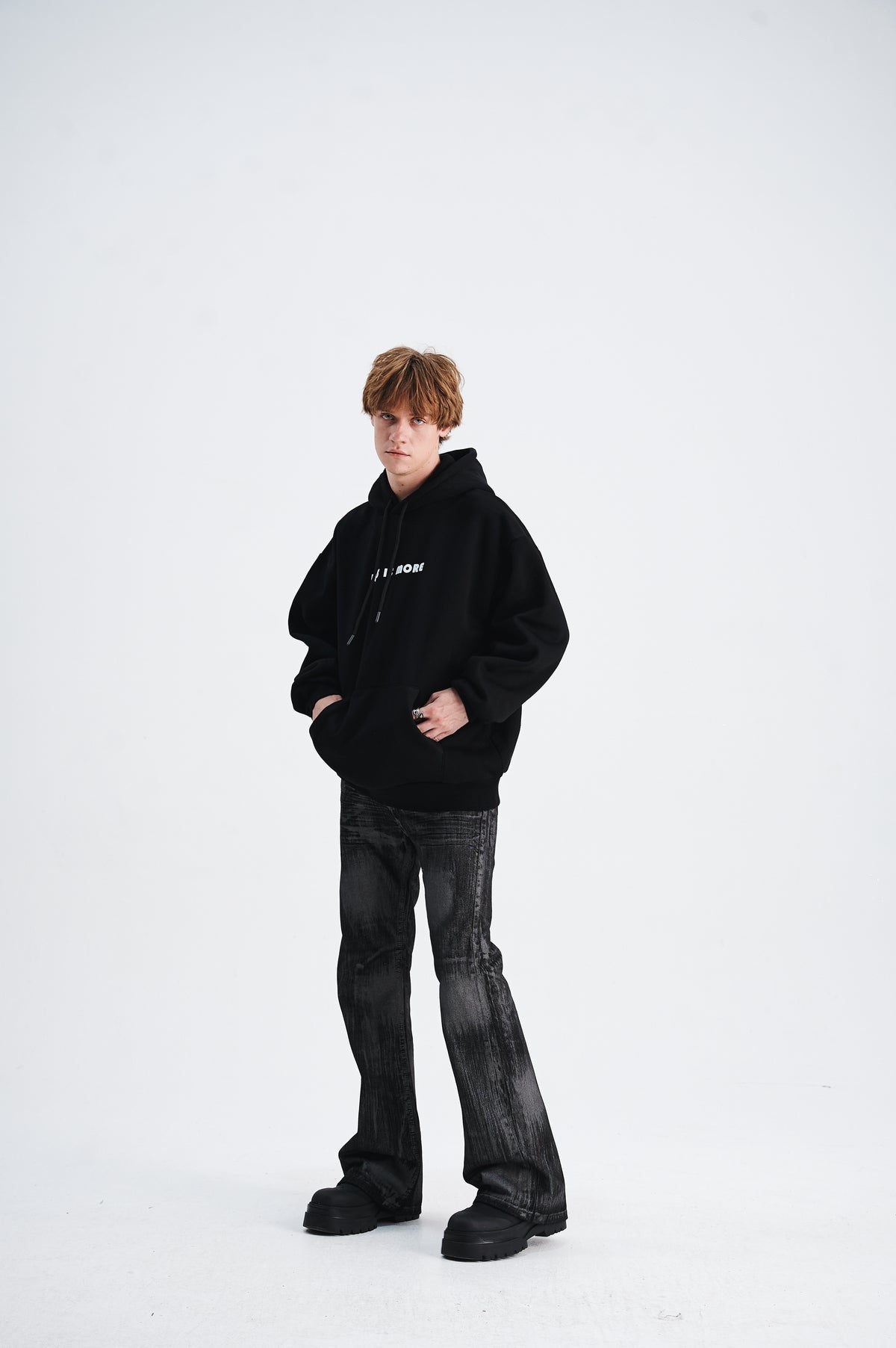 Volcano print hoodie gorpcore flame pullover less is more slogan jumper in black