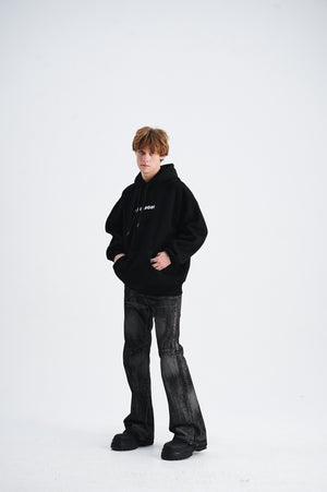 Volcano print hoodie gorpcore flame pullover less is more slogan jumper in black