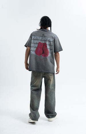 Kid boxer t-shirt retro cartoon top motivational slogan tee in grey