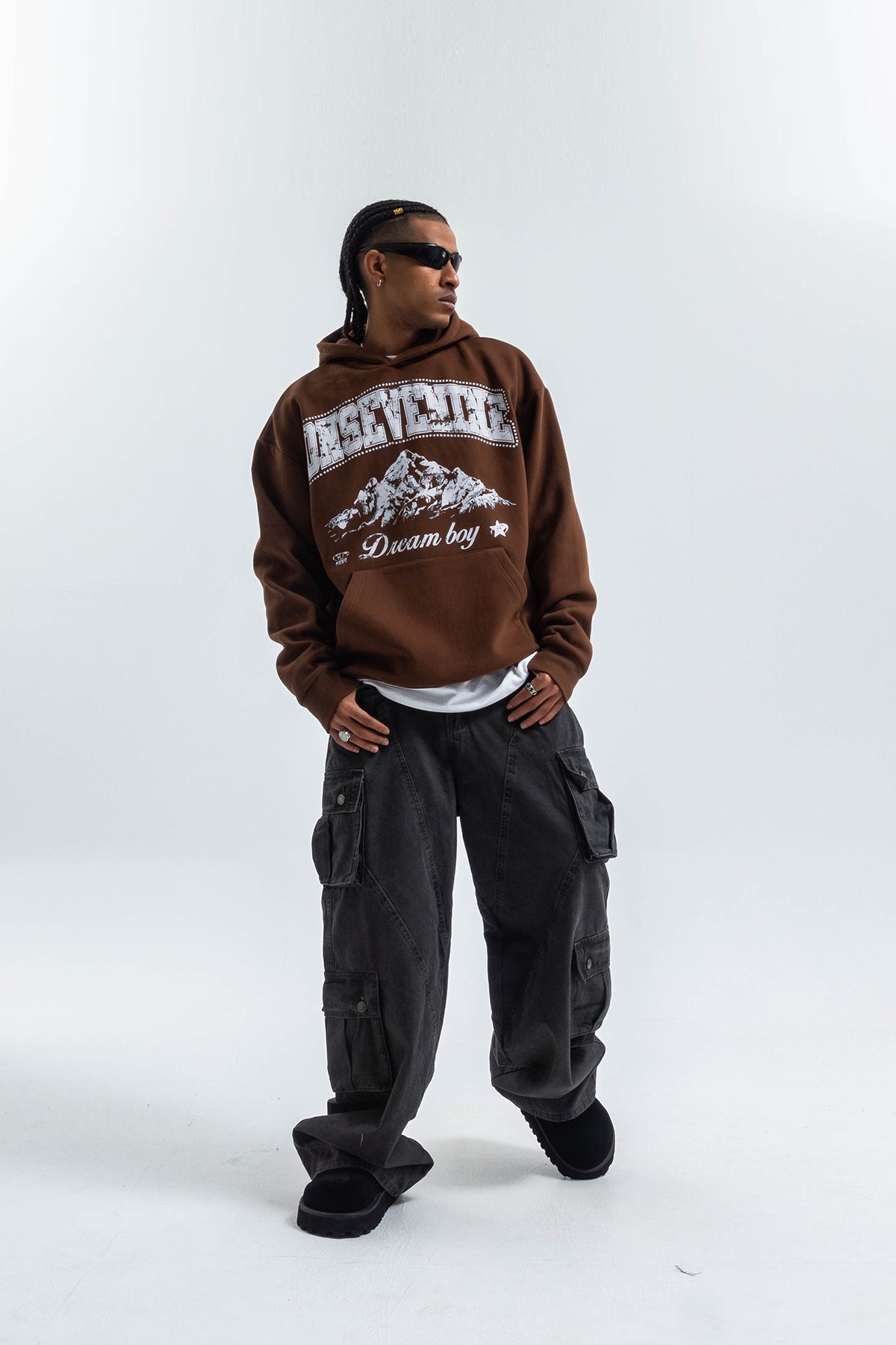 Dream boy slogan hoodie mountain print pullover retro landcape poster jumper in brown