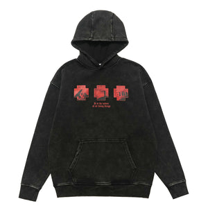 Creepy print hoodie gothic pullover retro cartoon jumper in vintage acid grey