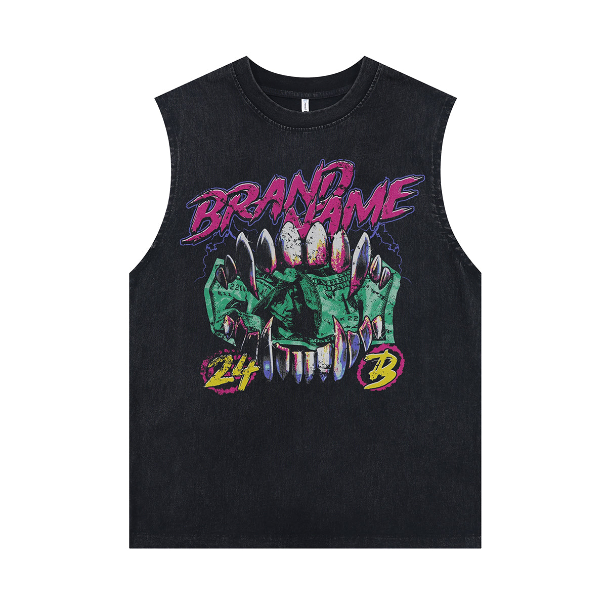 Money print sleeveless t-shirt dollar surfer vest retro USA cartoon tank top in acid wash black