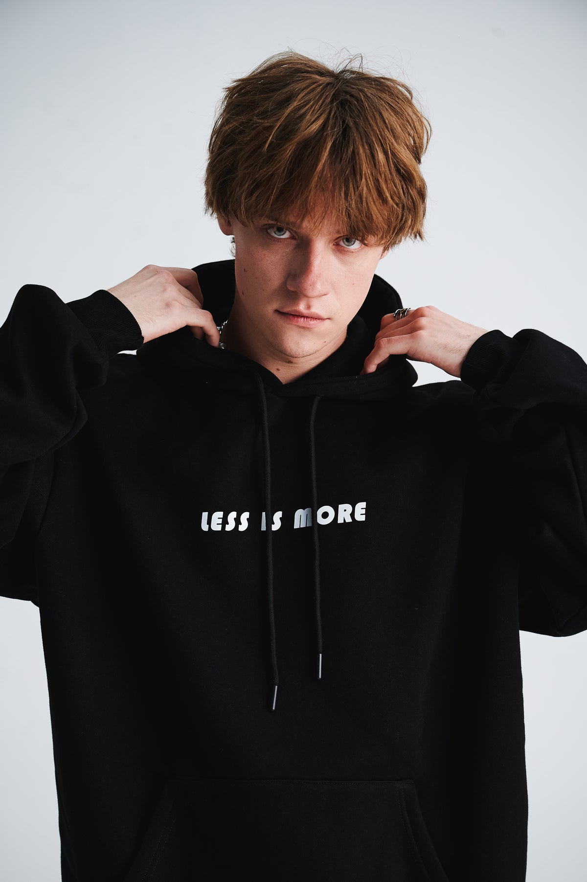 Volcano print hoodie gorpcore flame pullover less is more slogan jumper in black