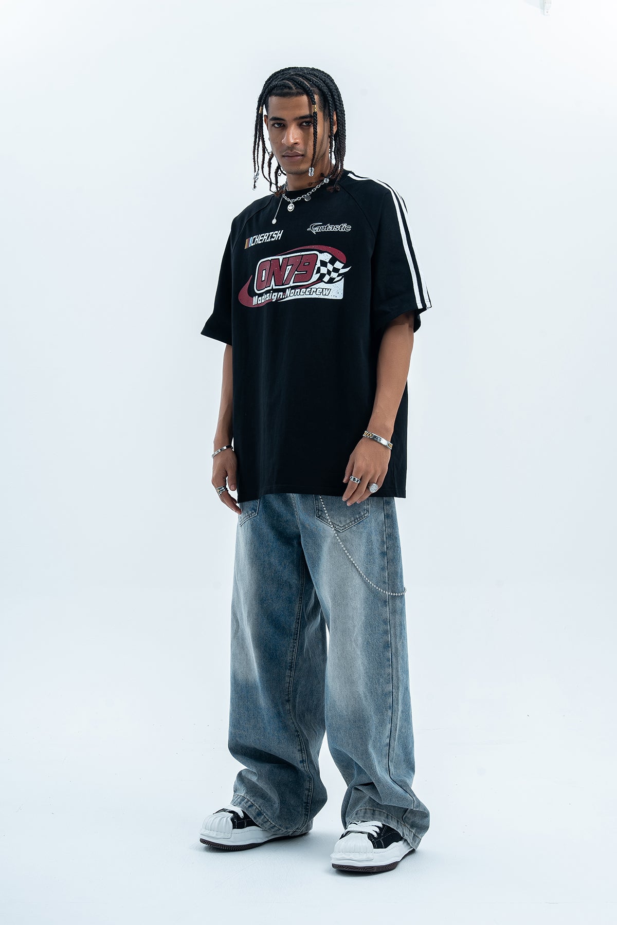 Racing t-shirt motorsports tee y2k sports top striped jumper in black