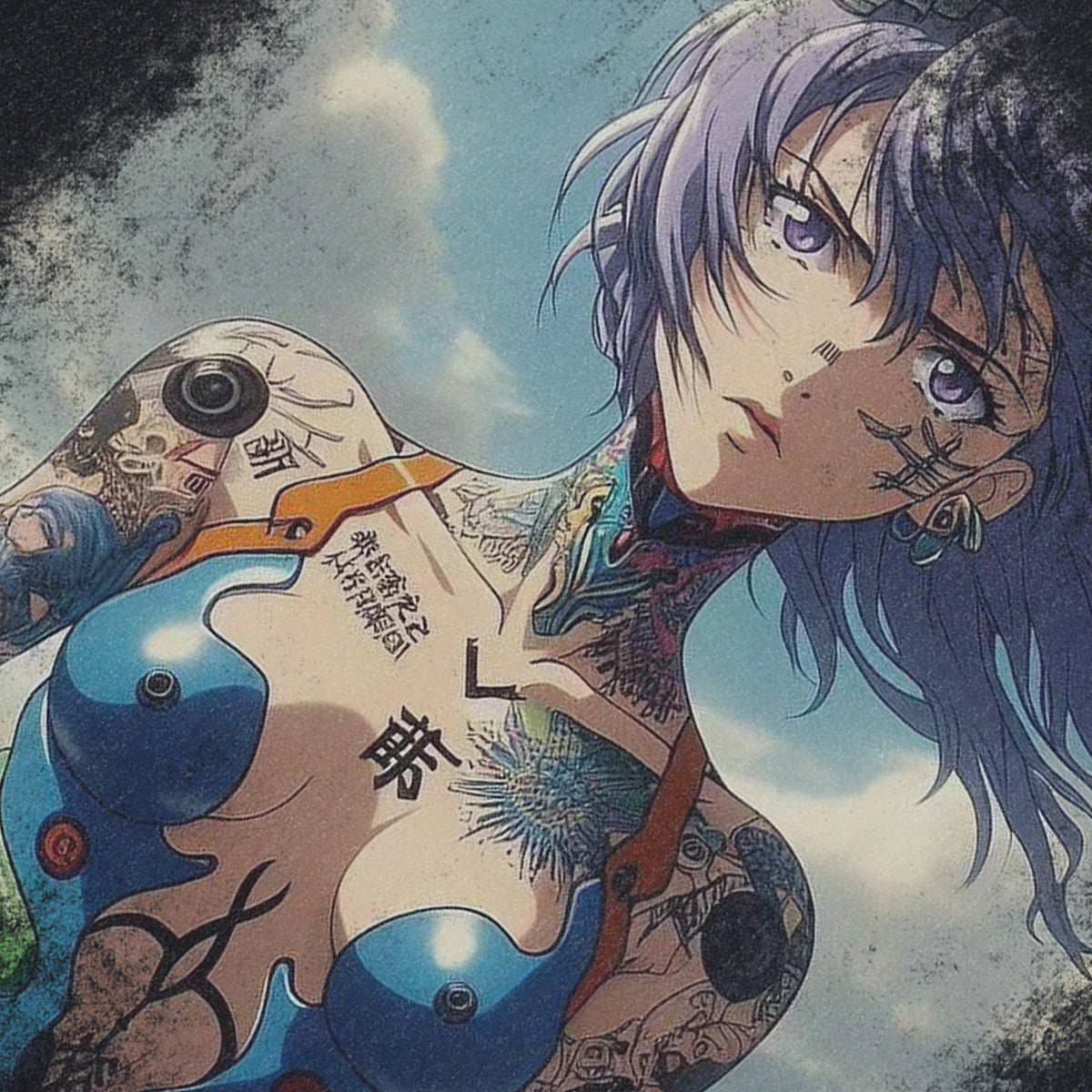 Tattooed girl cartoon sleeveless t-shirt Japanese anime surfer vest 00s retro Manga tank top in acid wash black