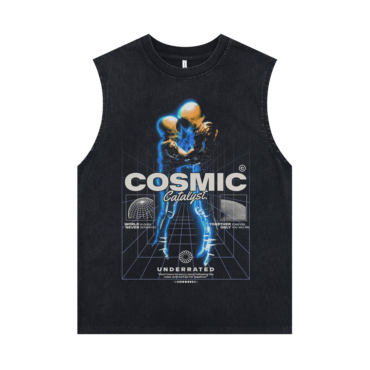 Cosmic slogan sleeveless t-shirt psychedelic astronaut poster surfer vest spaceman tank top in acid wash black