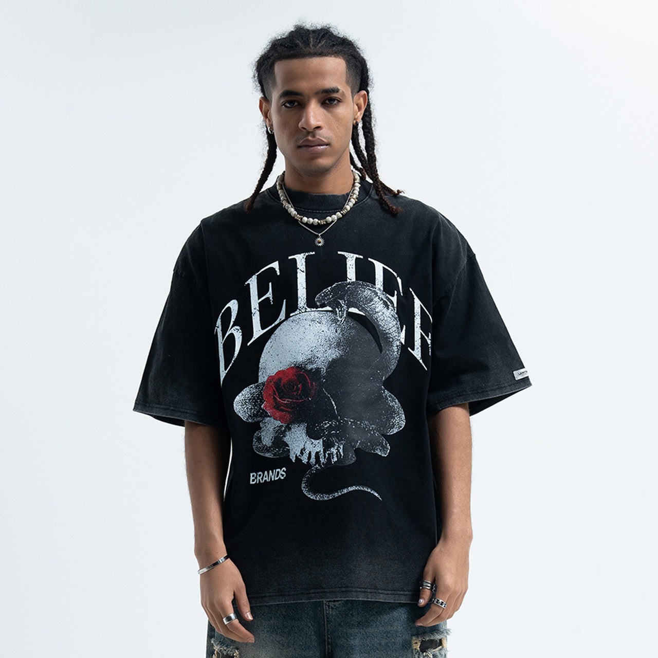 Snake print t-shirt skeleton bones top gothic tee in black