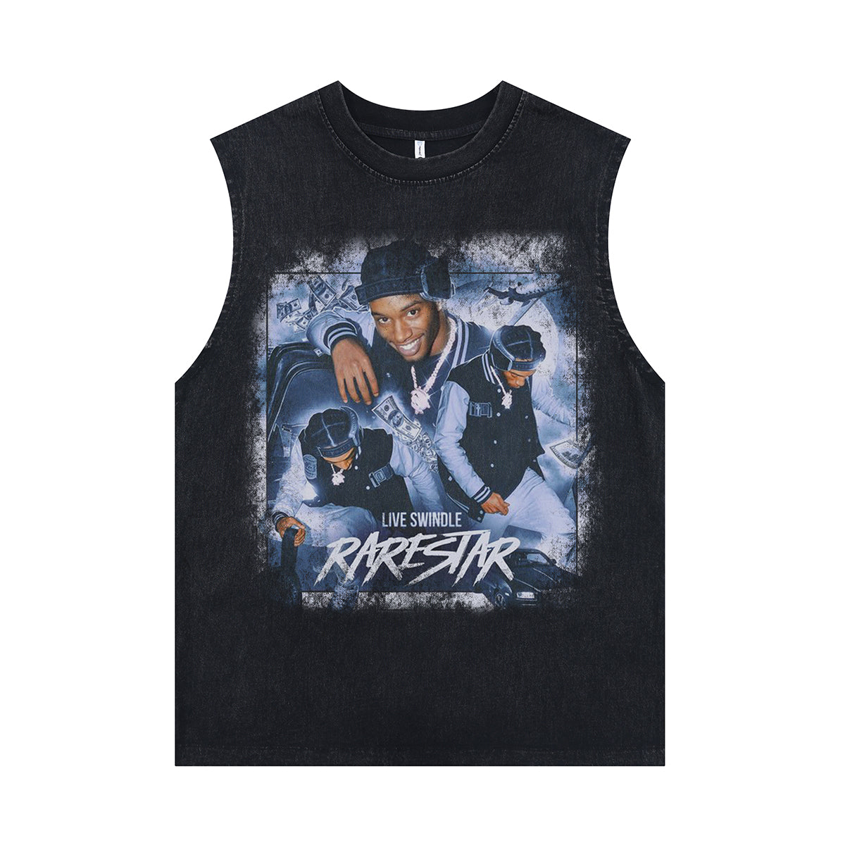 Live swindle sleeveless t-shirt vintage rare star vest gangster tank top in acid wash black