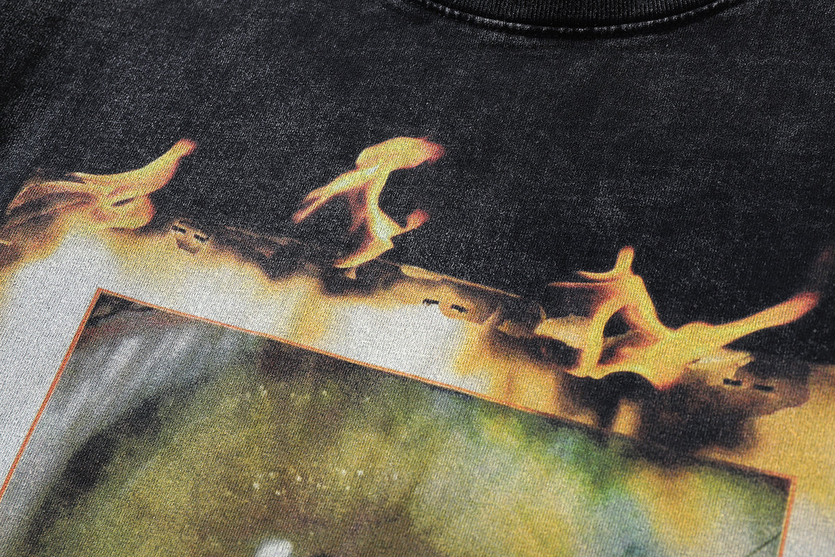 Flame t-shirt scary eye tee creepy print top in vintage grey