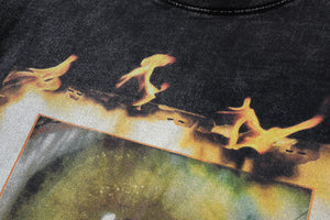 Flame t-shirt scary eye tee creepy print top in vintage grey
