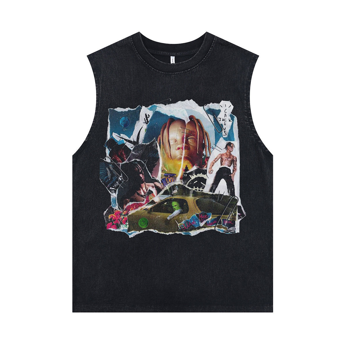 Travis Scott sleeveless t-shirt vintage rapper vest 00s hip-hop tank top in acid wash black