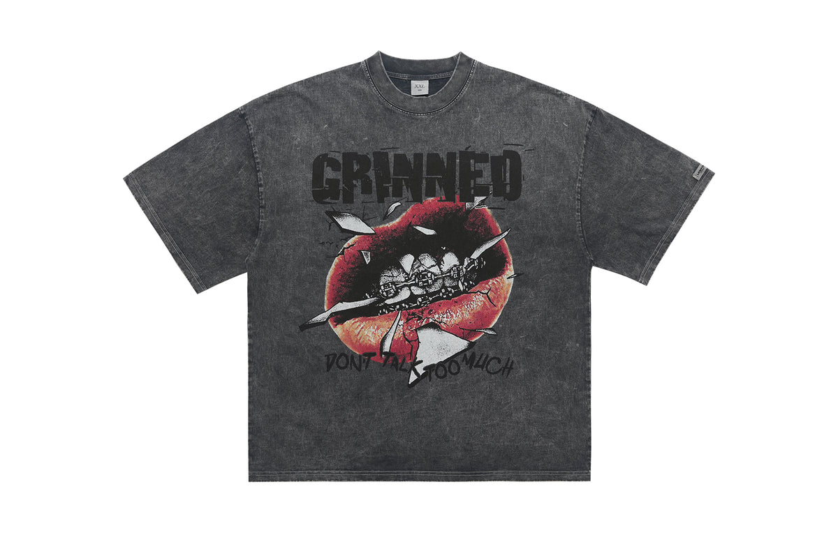 Grillz t-shirt mouth print top grunge hip-hop tee rapper jumper in grey