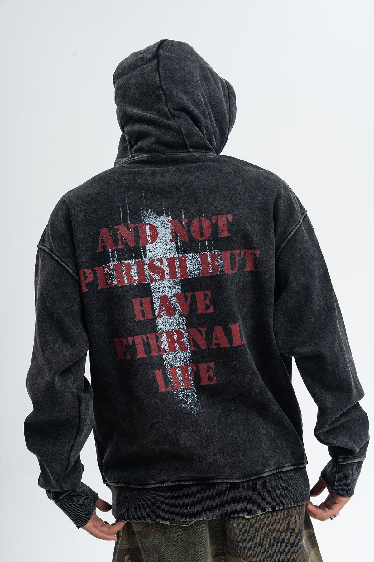 Saint print hoodie vintage wash religion jumper grunge retro pullover in acid grey