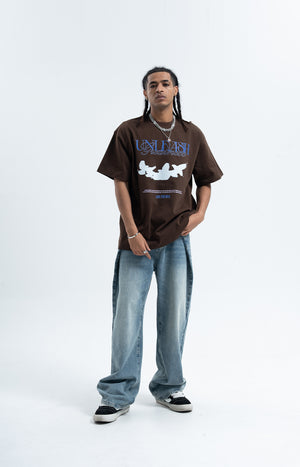 White doves t-shirt bird print top freedom slogan tee in brown