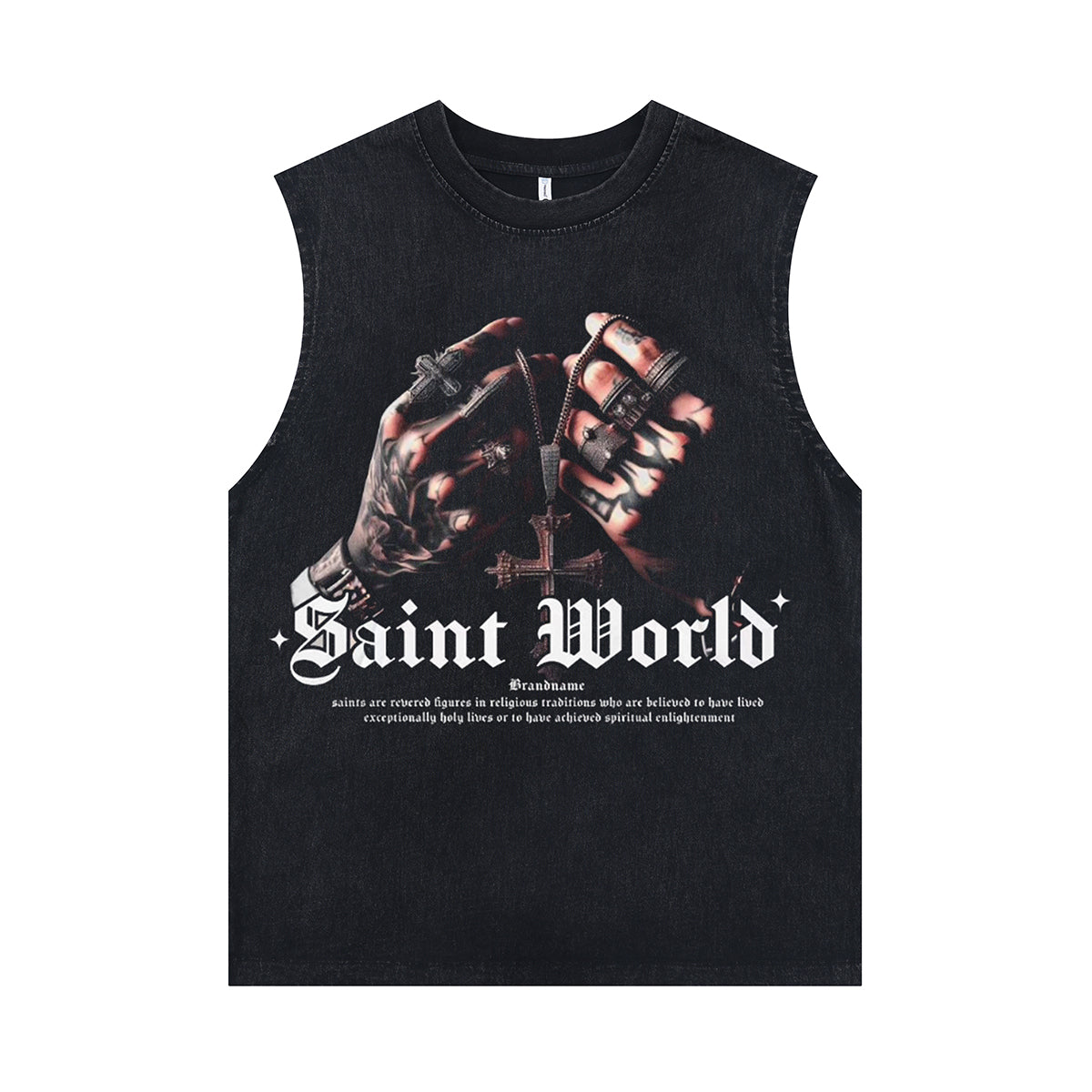 Tattoo print sleeveless t-shirt saint slogan surfer vest 00s hip-hop tank top in acid wash black