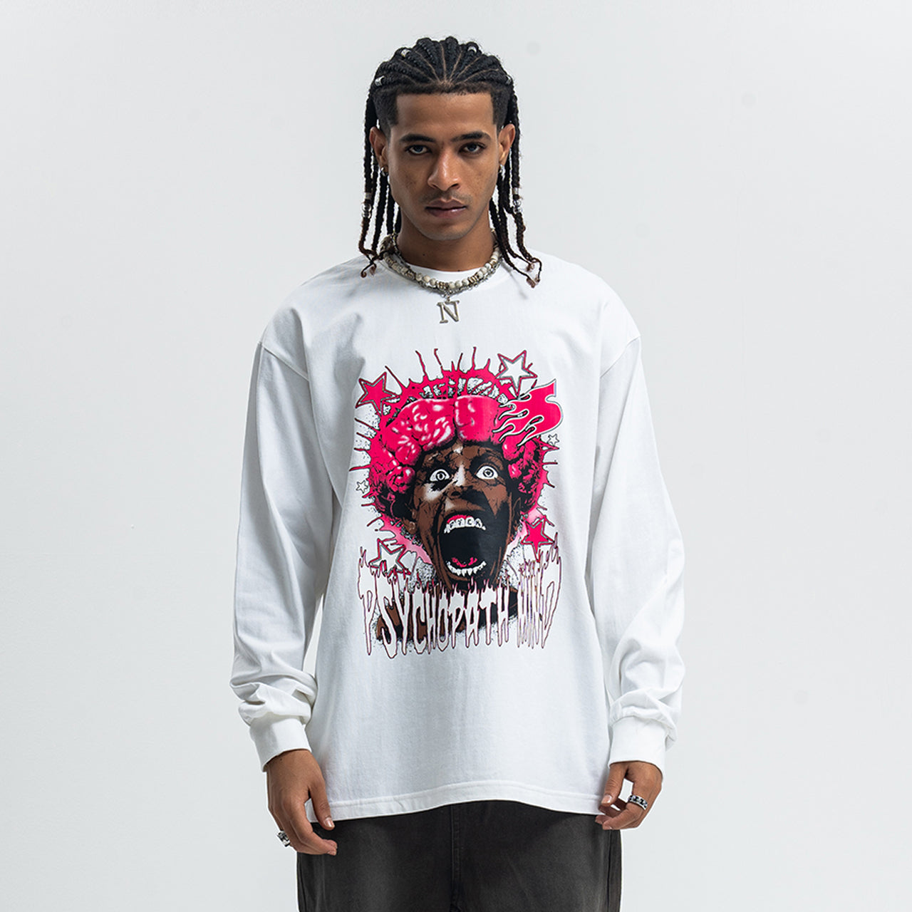 Psychopath slogan jumper long sleeve raver t-shirt grunge hip-hop top in white