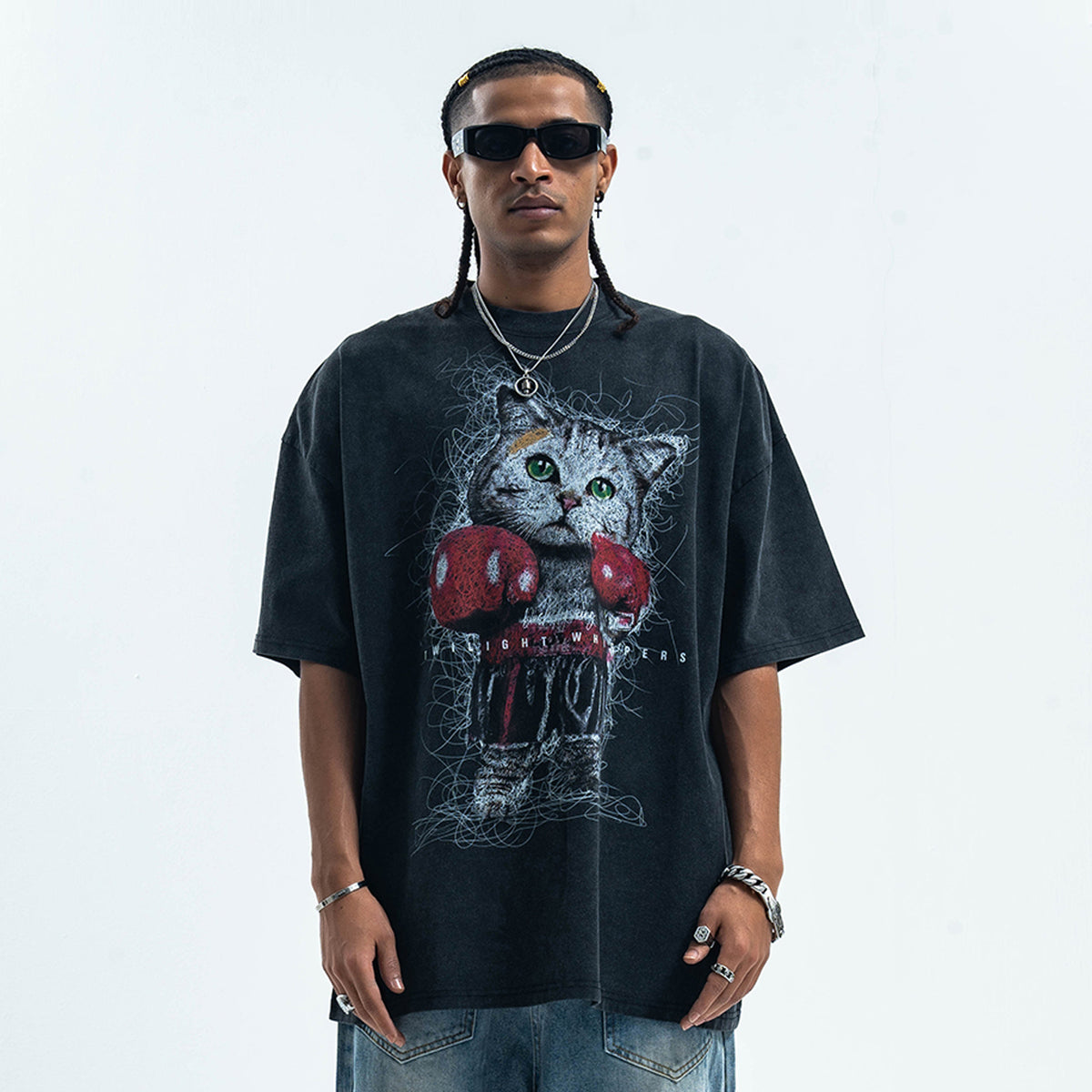 Boxer t-shirt kitten print top cat tee grunge jumper in black