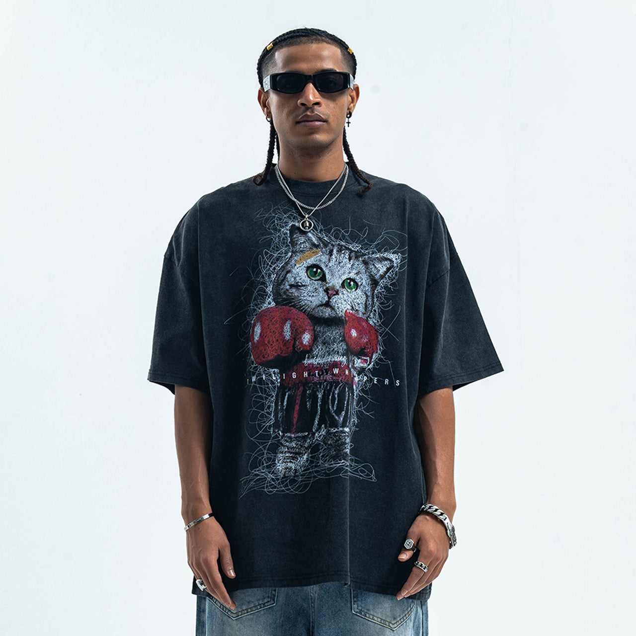 Boxer t-shirt kitten print top cat tee grunge jumper in black