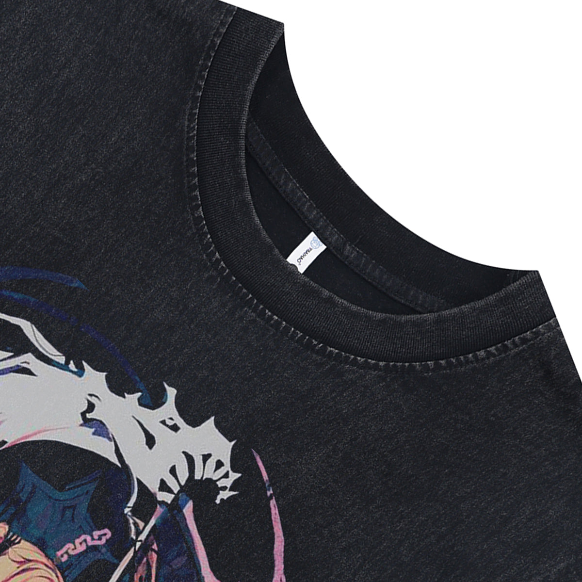 Anime girl sleeveless t-shirt Japanese poster surfer vest 00s Manga cartoon tank top in acid wash black