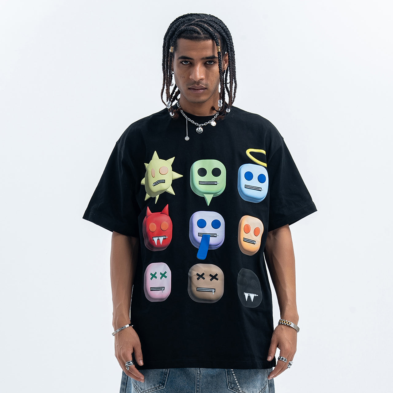 Emoji t-shirt robot tee psychedelic cartoon jumper in black