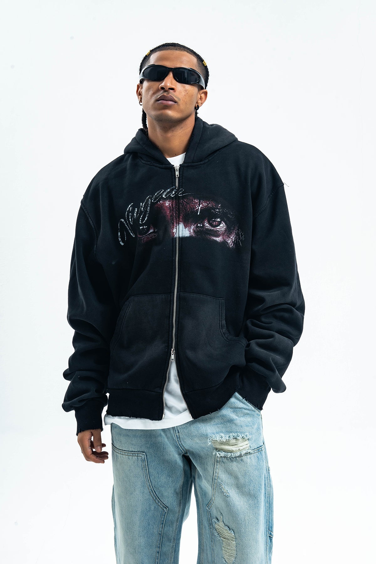 Retro hip-hop hoodie gorpcore pullover grunge rapper jumper gangster top in black