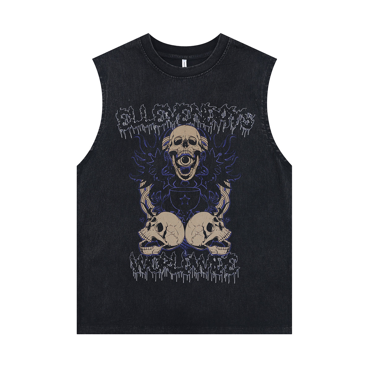 Skeleton print vintage sleeveless t-shirt bones surfer vest retro metalcore tank top in acid wash black