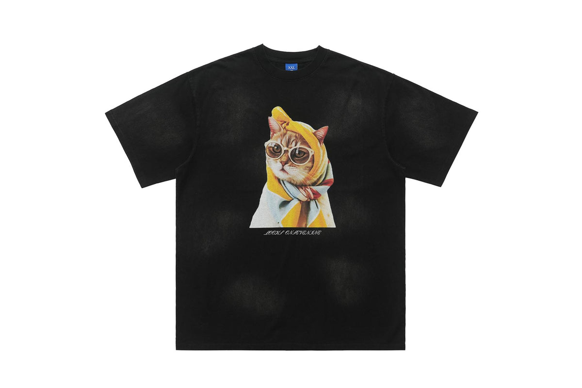 Cat print t-shirt retro cartoon top funny tee in black