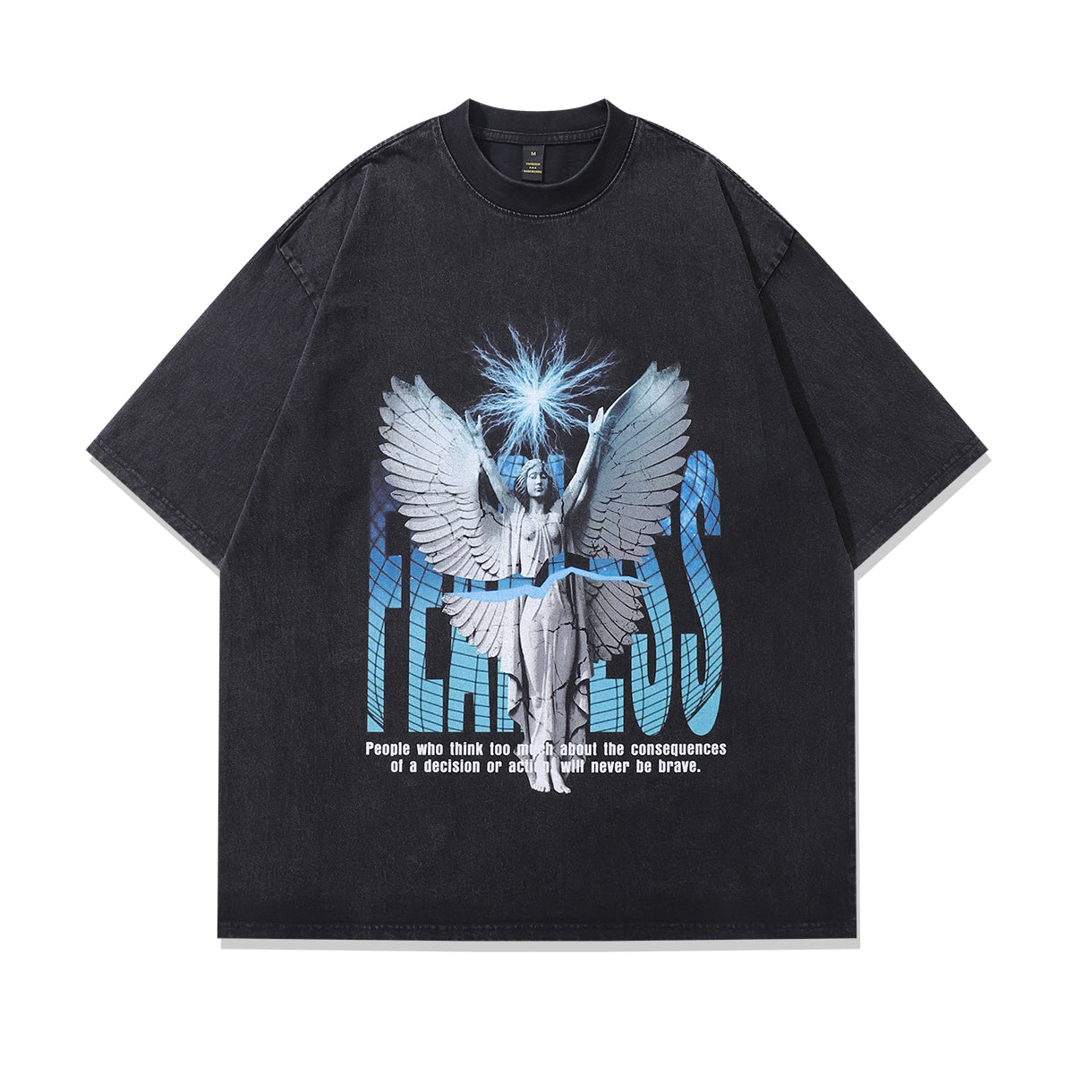 Fearless slogan t-shirt angel cartoon tee retro saint top in vintage grey