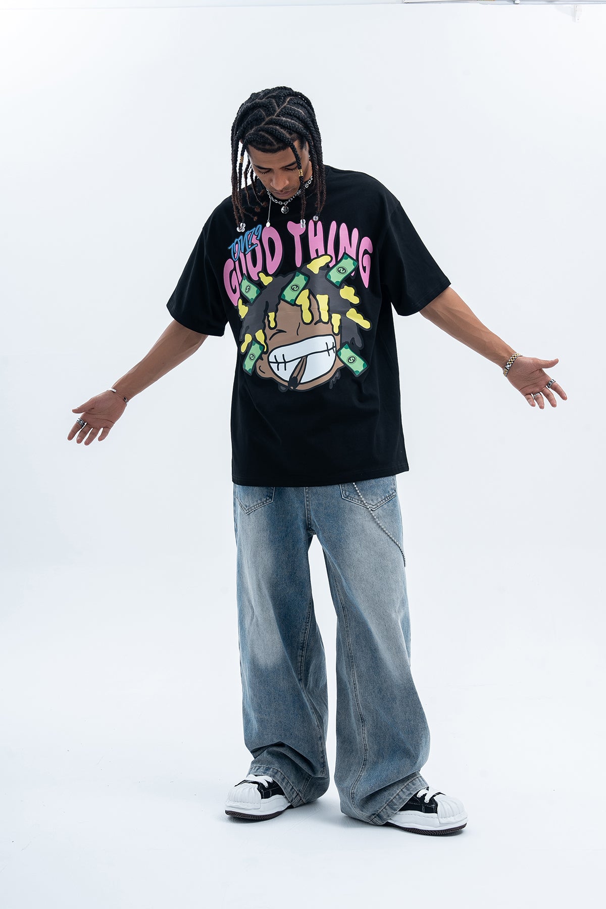 Hip-hop t-shirt rapper top money print tee Brown