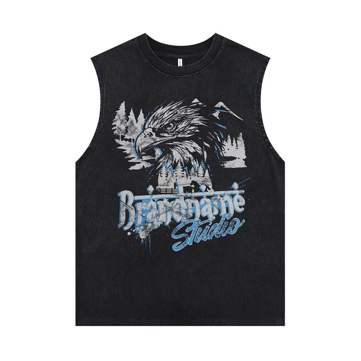 Eagle print sleeveless t-shirt 80s pattern surfer vest retro bird cartoon tank top in acid wash black